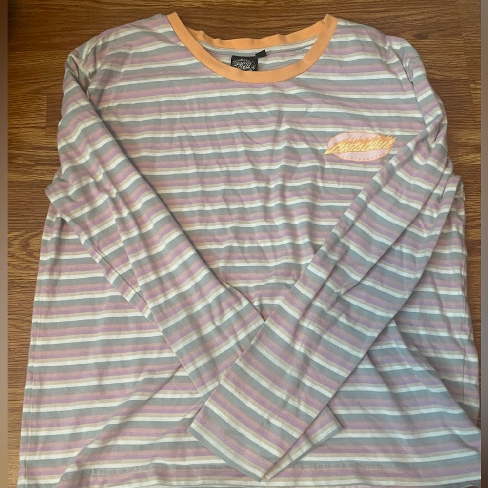 Purple,grey, tan, and white striped t-shirt